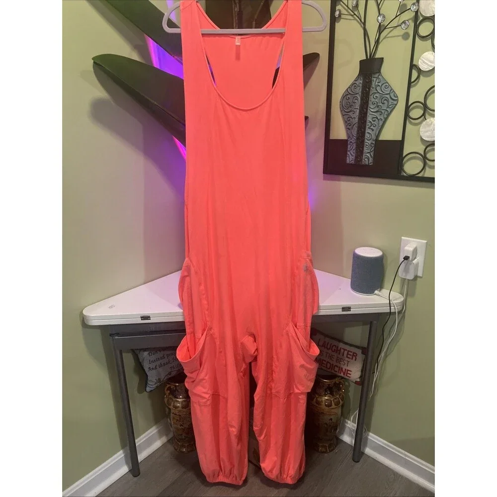 RARE!!! Free People FP Movement Utility Cargo Pocket Oversized Jumpsuit Coral XL